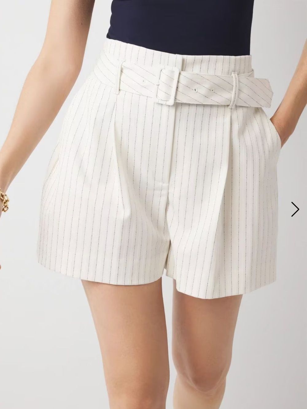 White House Black Market Cream Pinstripe Belted High-Waist Shorts
